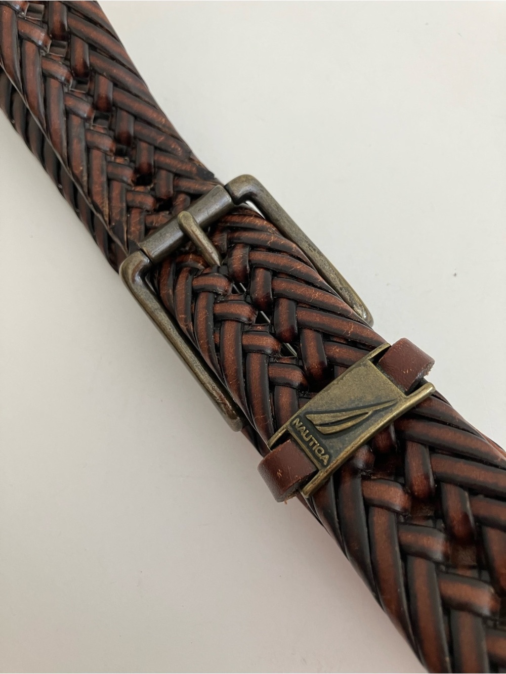 Nautica Braided Leather Belt in Dark Brown with Antique Brass Hardware